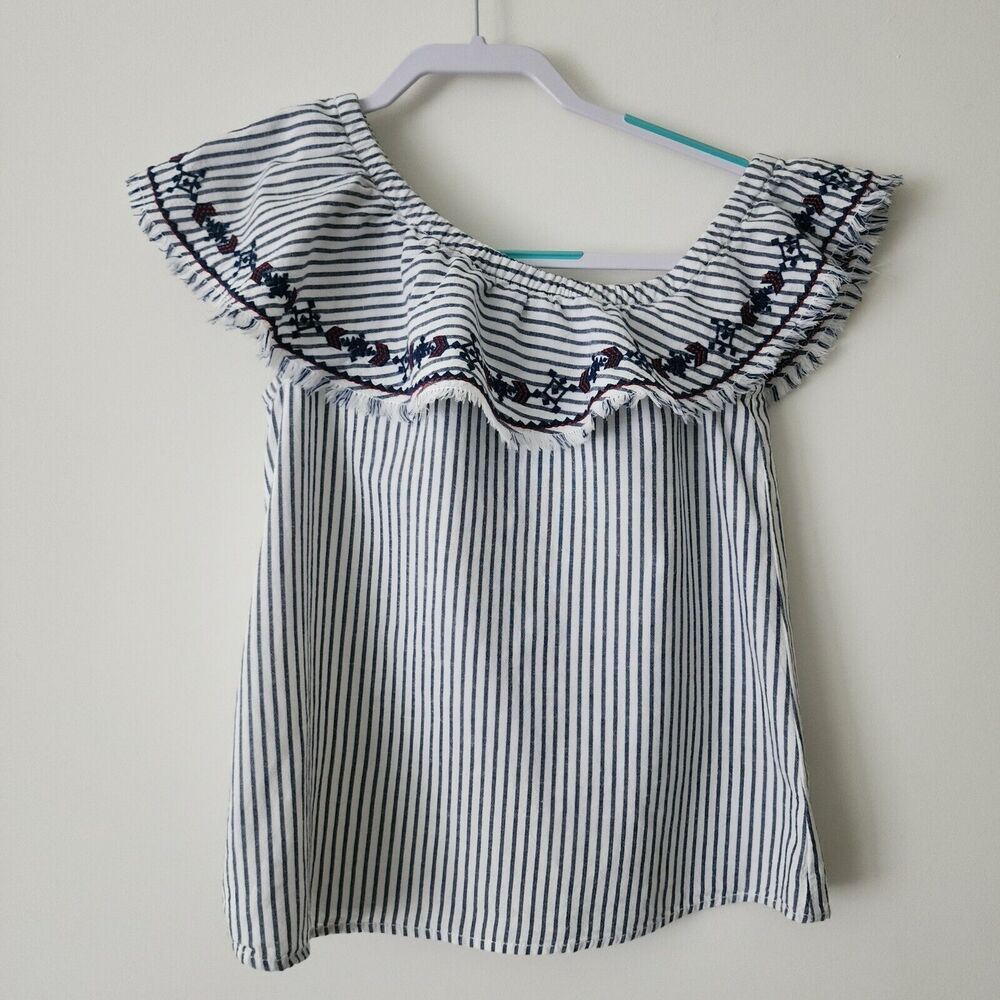 LOGG H&M One Shoulder Top Size 2 Linen Cotton White Blue Striped Embroidered